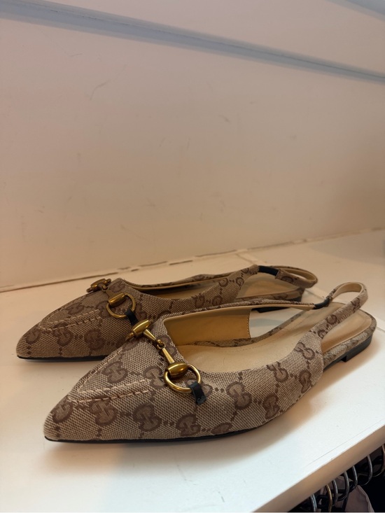 Gucci Shoes - Designer Gucci-style Beige Monogram Slingback Flats with Gold Hardware